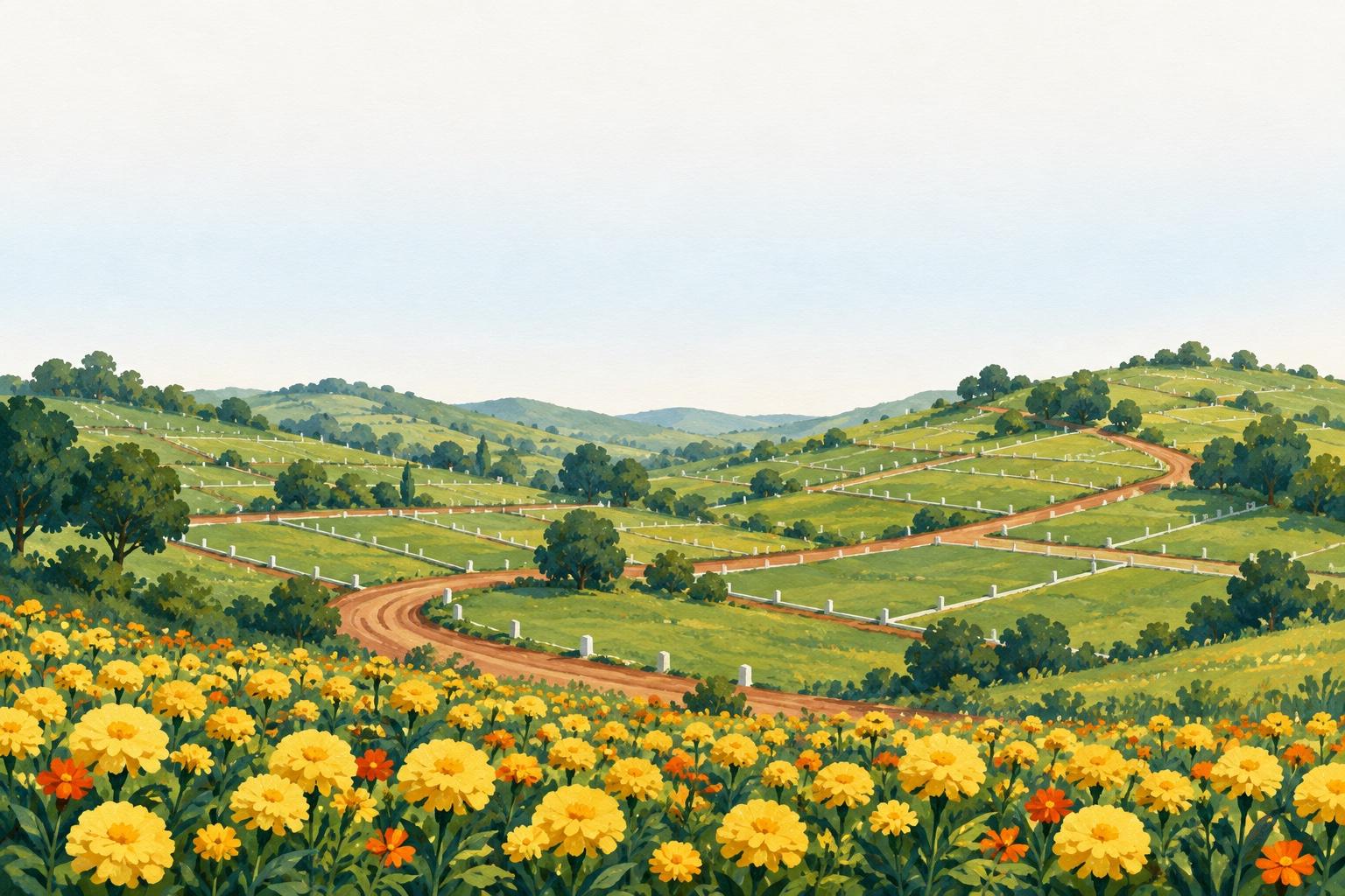 Painted view across a plotted site, with paths leading into the hills