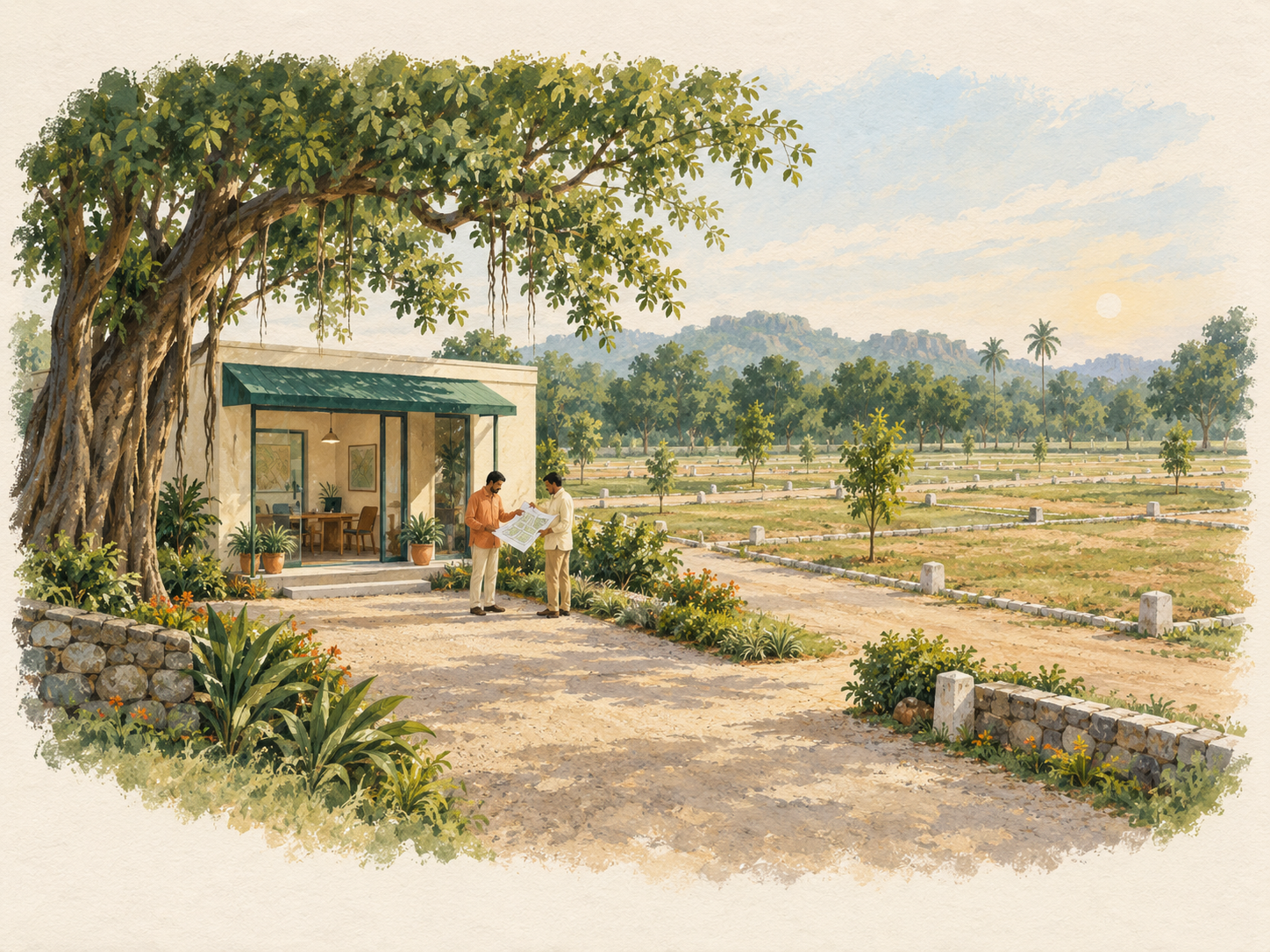 Gouache illustration of two people discussing a plot layout outside an Indian site office.