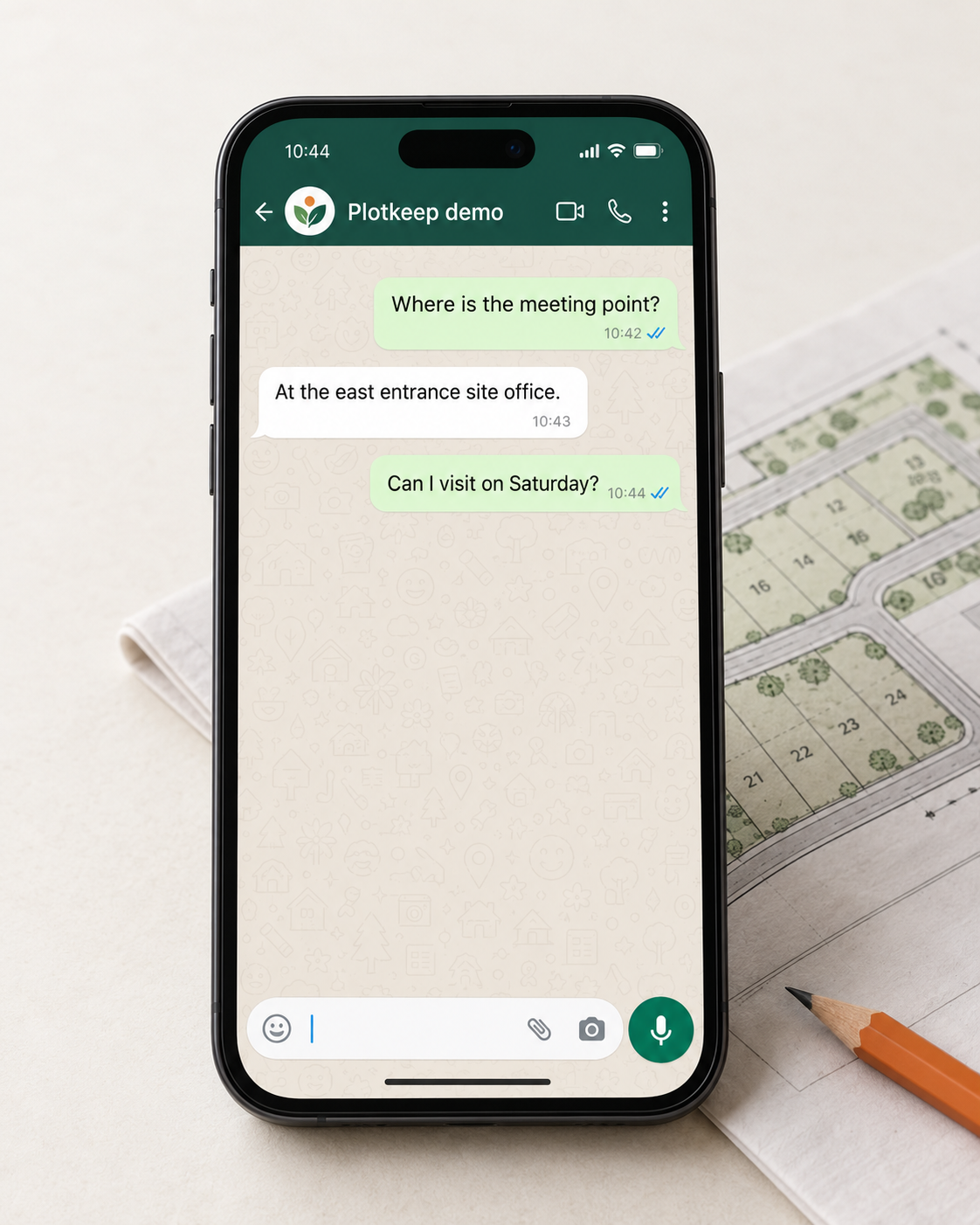 Illustrative WhatsApp-style conversation: a buyer asks for the meeting point, receives an answer and requests a Saturday visit.